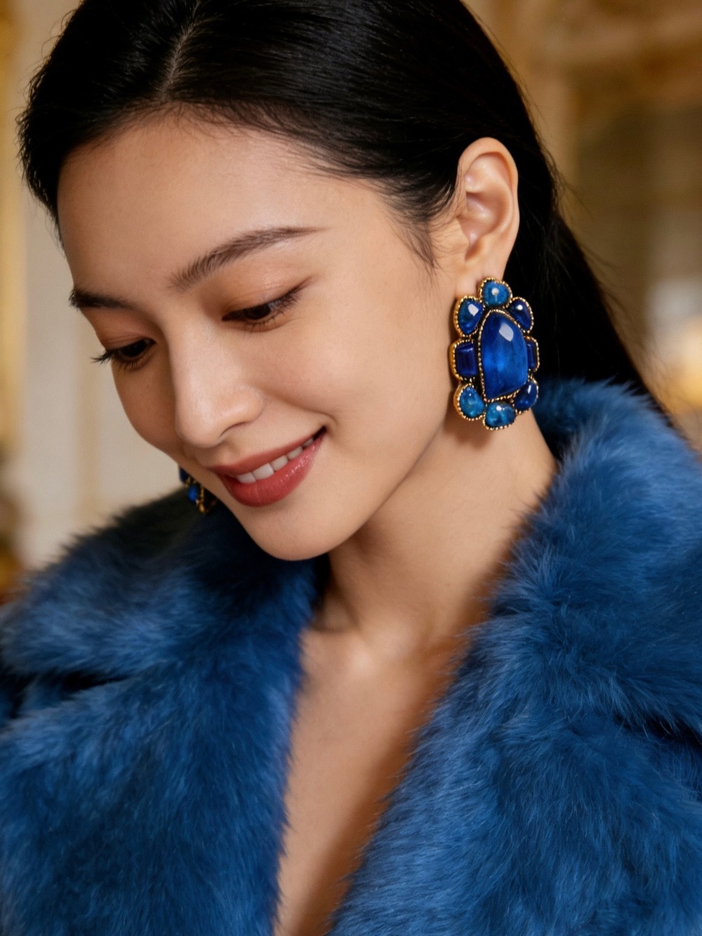 Gold-Trim Blue Floral Cluster Stud Earrings